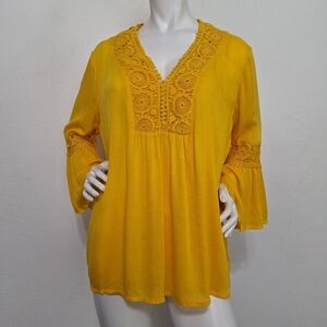 South Main Yellow Bohemian Wide Bell Sleeve Crochet Fairy Babydoll Top Size XL